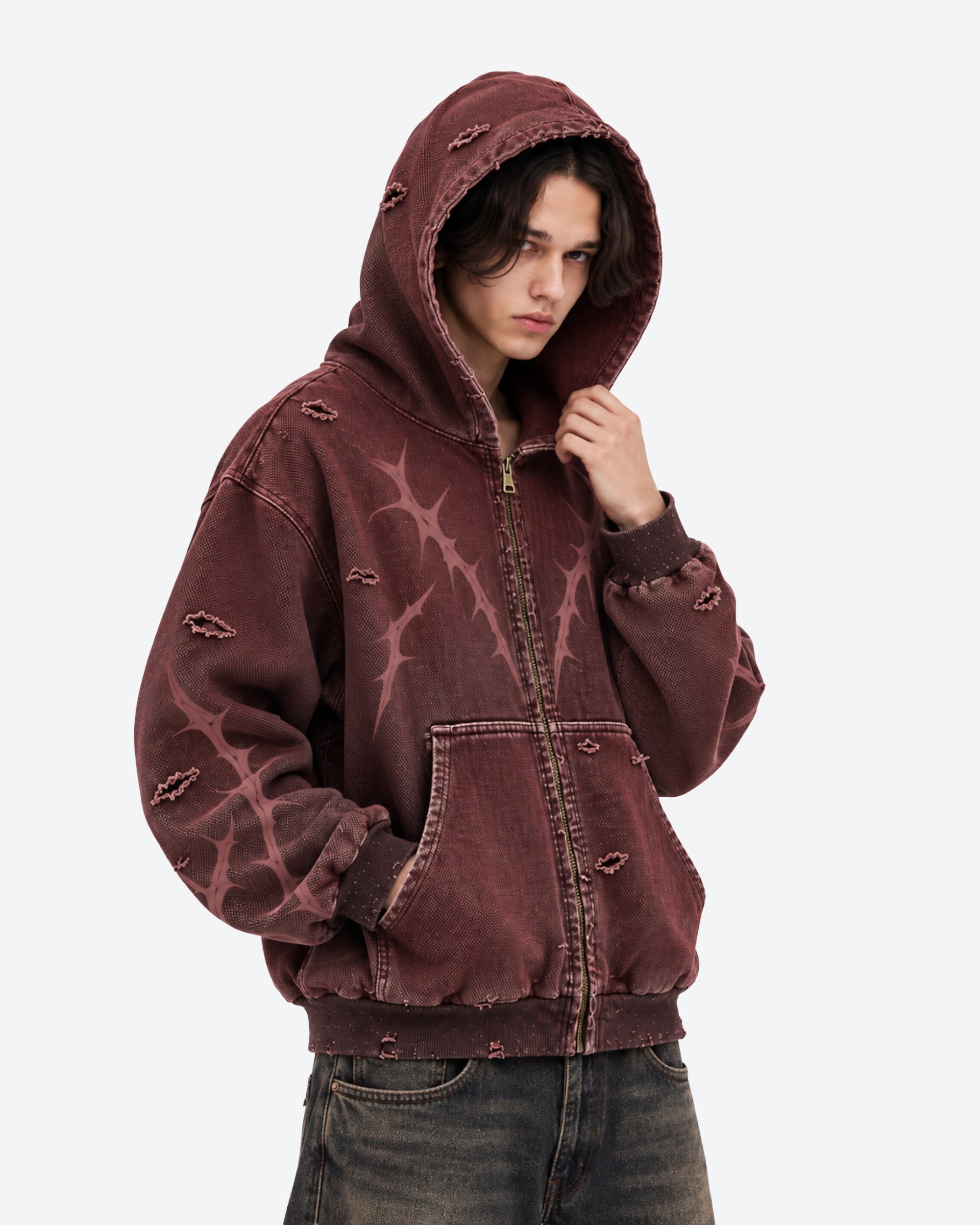 KIIKIO Faded Burgundy Distressed Zip-Up Hoodie