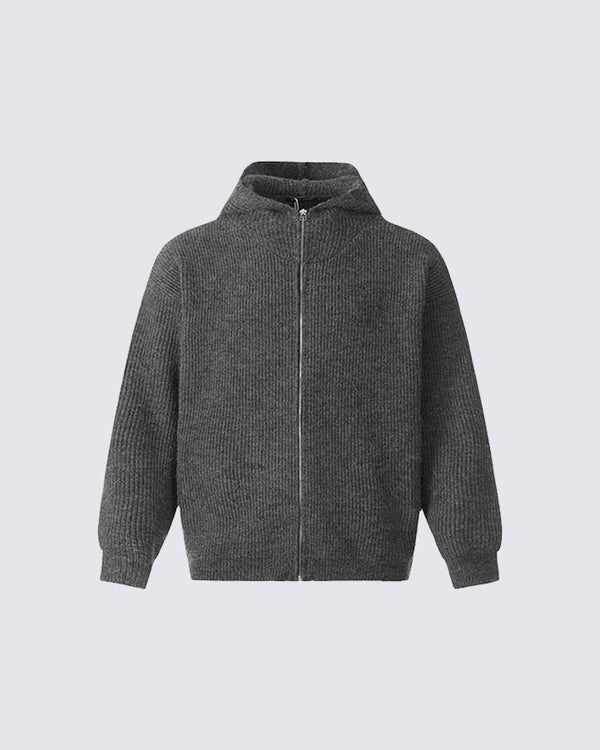 Ribbed Knit Zip-Up Hoodie