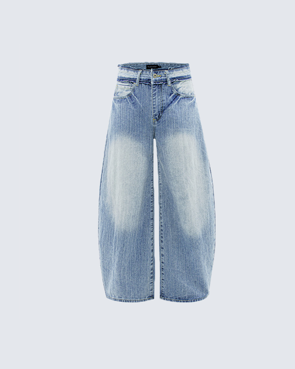High-Waisted Wide-Leg Washed Denim Jeans – Retro Minimalist Light Blue