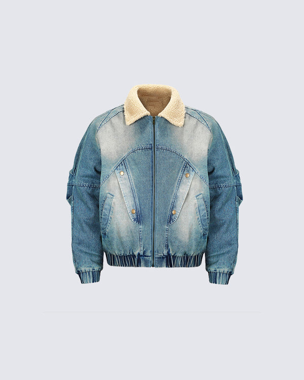 Washed Vintage Denim Jacket with Sherpa Lining