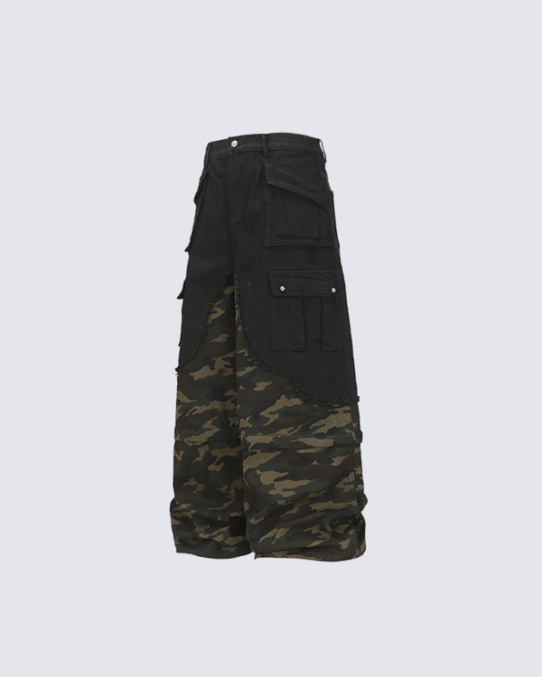 Black and Camo Distressed Cargo Pants