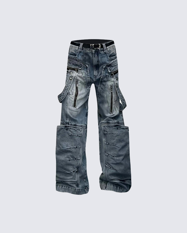 Multi-Zip Techwear Cargo Denim Pants