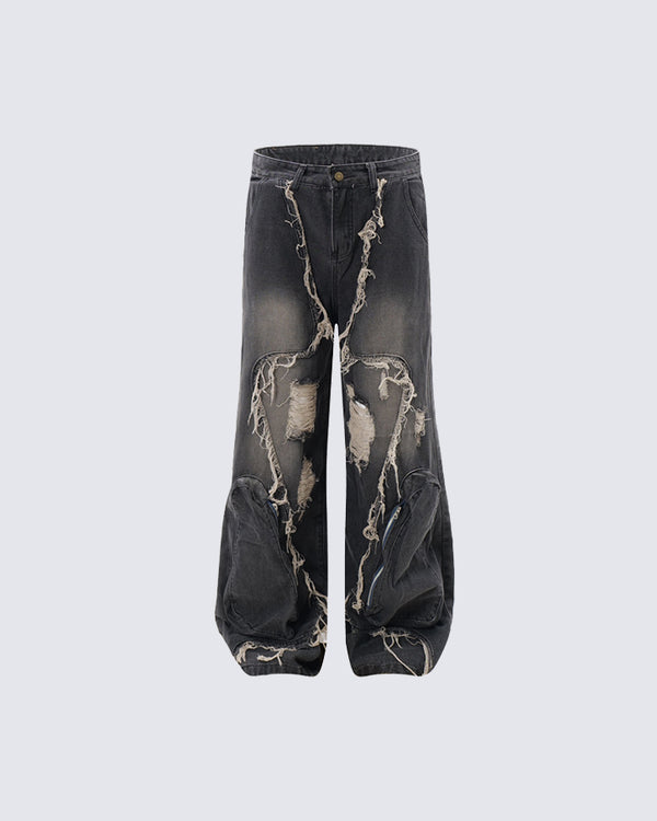 Split Panel Whisker Distressed Jeans