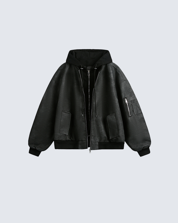 Black Leather Bomber Hoodie Jacket