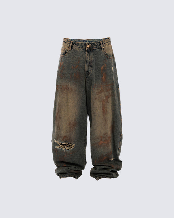 Washed and Distressed Denim Trousers