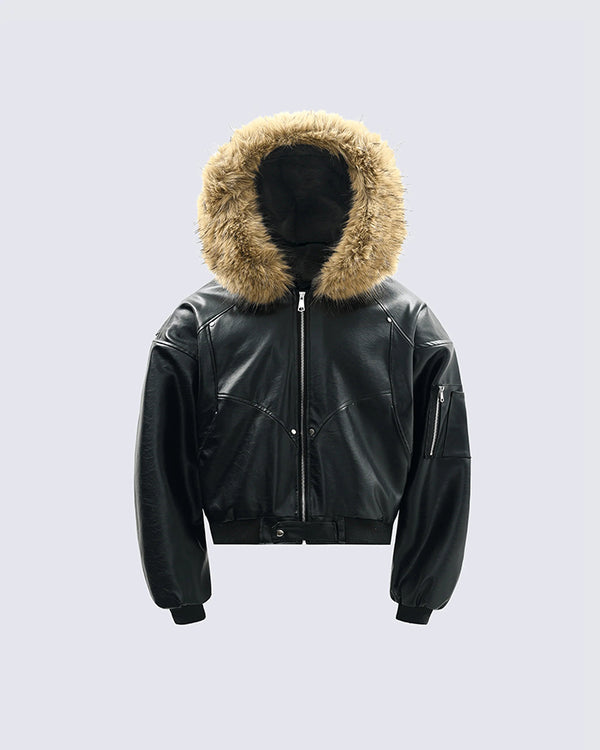 Faux Fur Hooded PU Leather Bomber Jacket