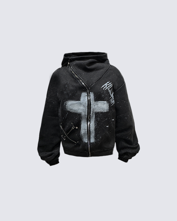 Gothic Cross Asymmetric Zip Hoodie