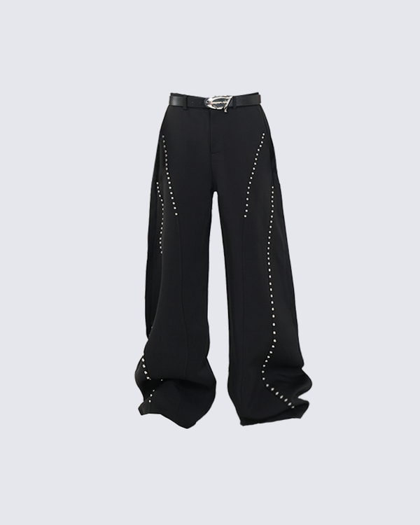 Studded Wide-Leg Black Trousers