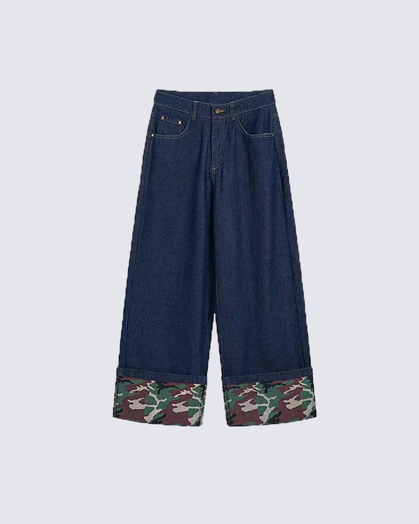 KIIKIO Wide-Leg Denim Jeans with Camouflage Cuffs
