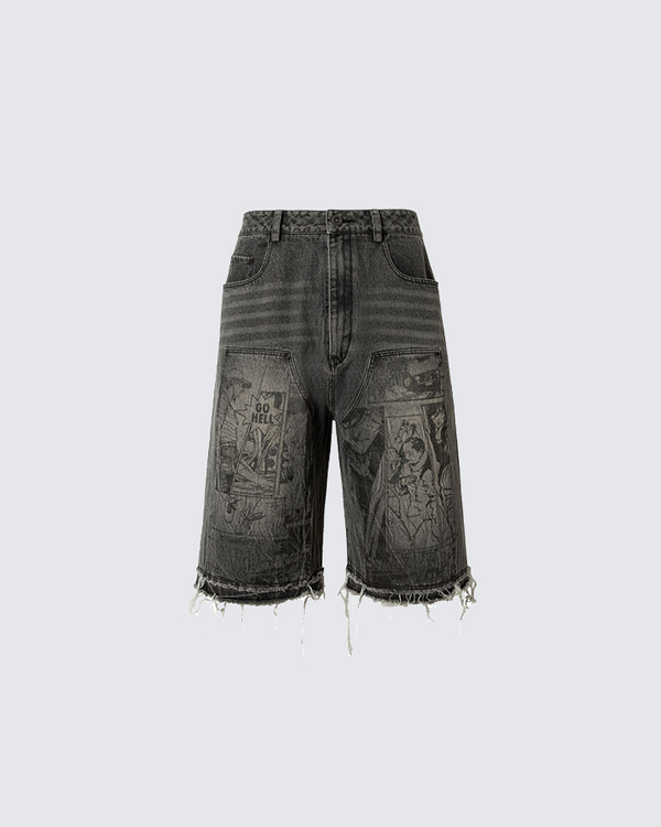Comic Panel Distressed Denim Shorts