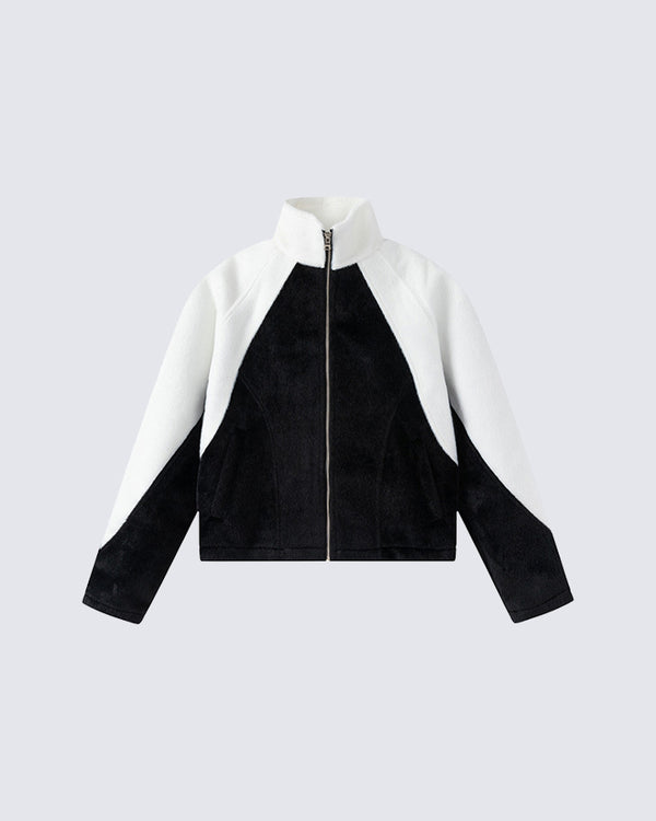 Cropped Leather and Fleece Patchwork Jacket