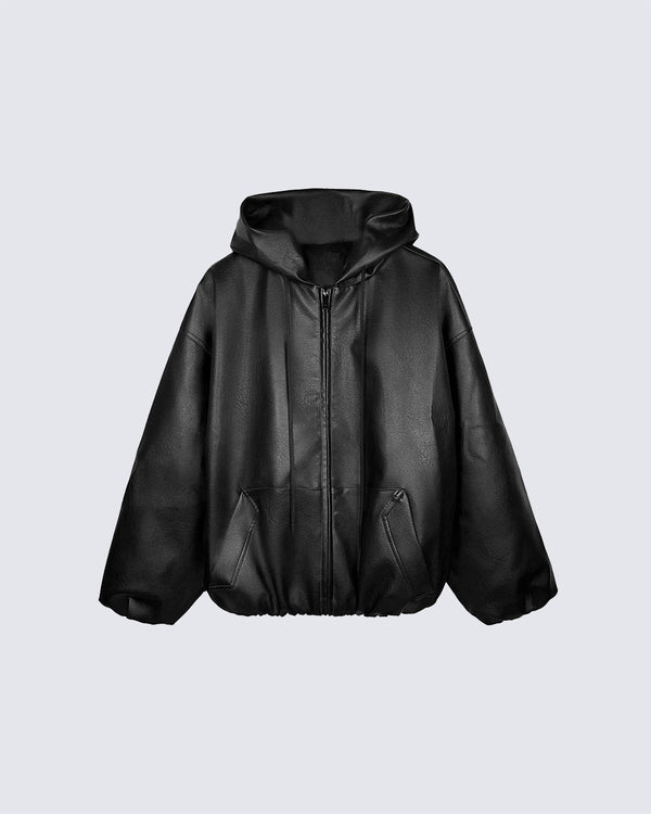 Oversized PU Leather Hooded Jacket