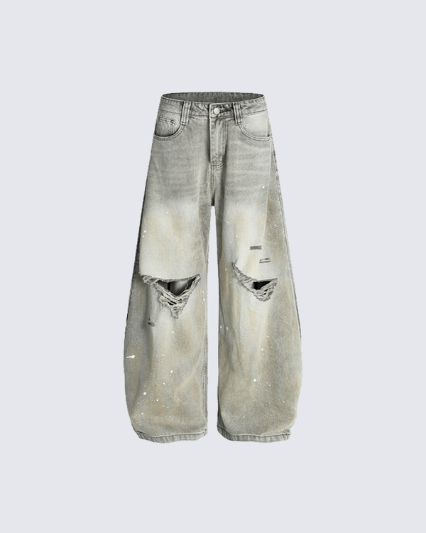 Distressed Paint-Washed Baggy Denim Pants
