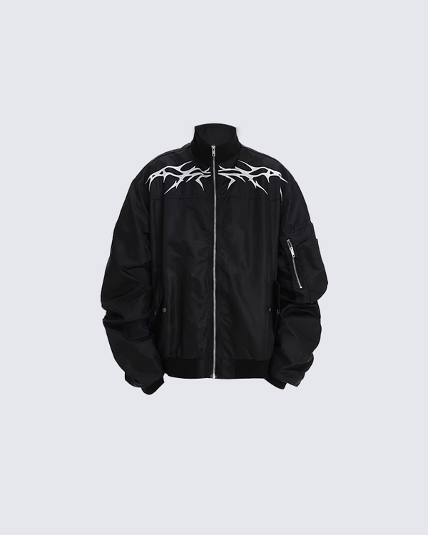Tribal Flame Embroidered Street Bomber Jacket