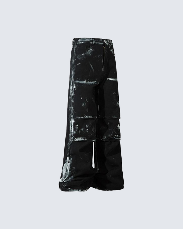 Black Paint-Splattered Wide-Leg Denim Pants