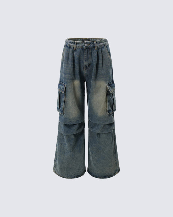 Multi-Pocket Pleated Denim Pants