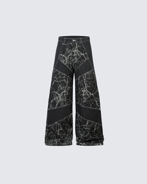Cracked Wash Wide-Leg Denim Pants