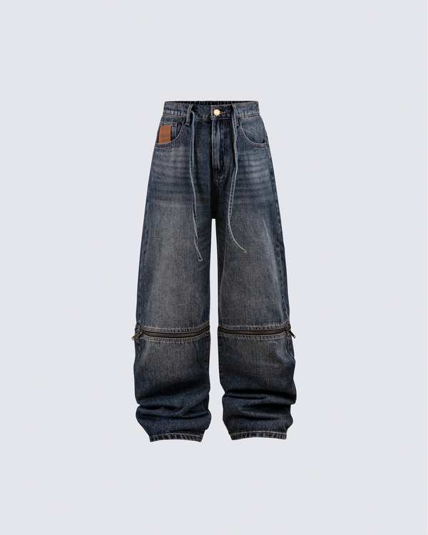Zip-Off Panel Wide-Leg Denim Pants