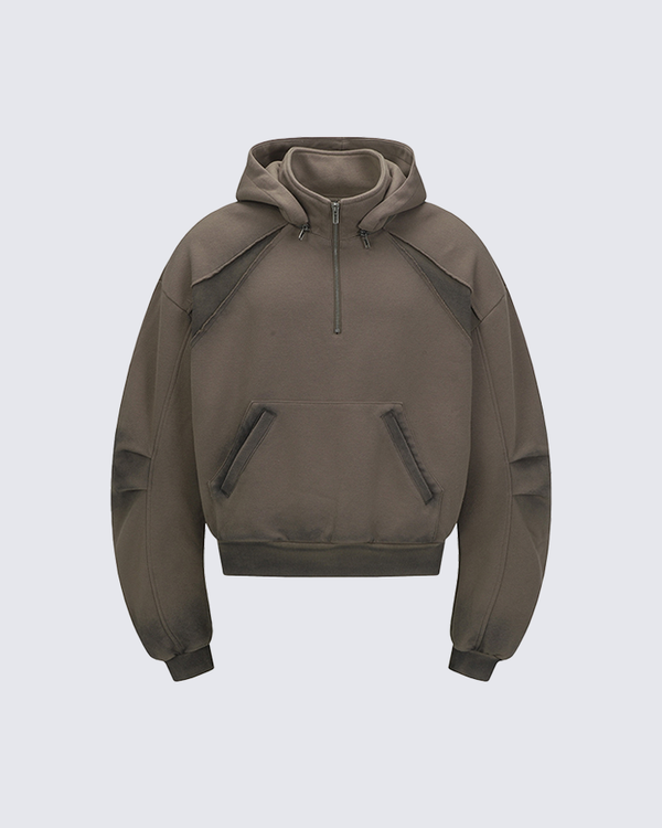 Washed Stitch Panel Quarter Zip Hoodie