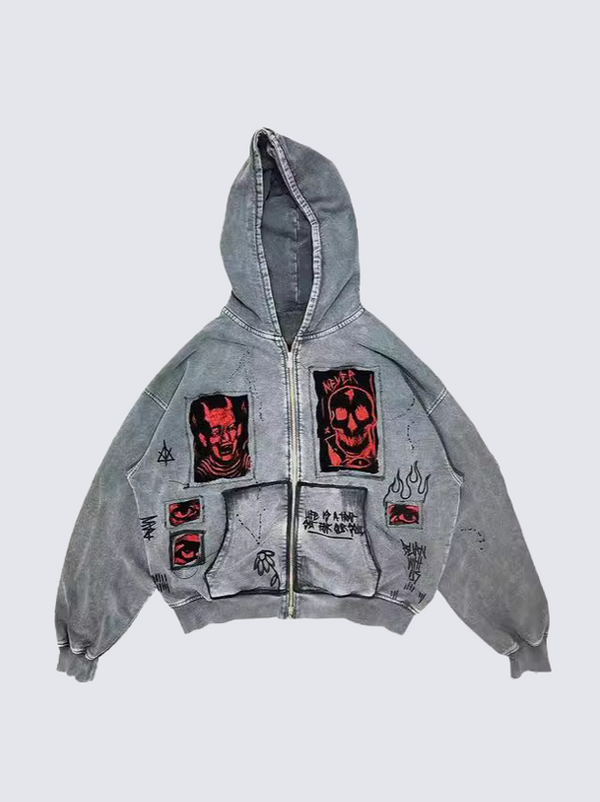 Gothic Streetwear Devil Patch Zip Hoodie