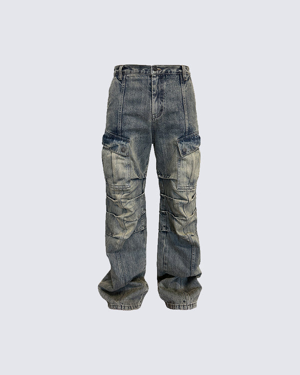 Distressed Wrinkled Slub Denim Pants