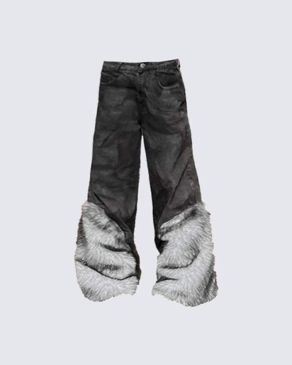 Fuzzy Patchwork Wide-Leg Street Jeans