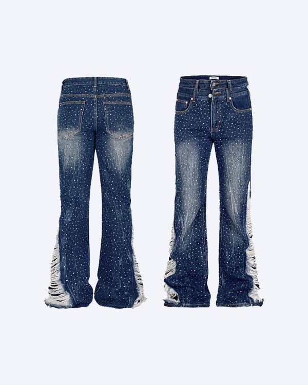 Pearl Embellished High-Waist Bootcut Jeans – Blue Denim