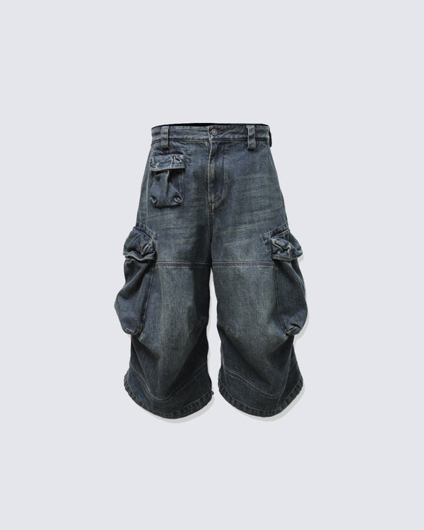Heavy Washed 3D Cargo Denim Shorts