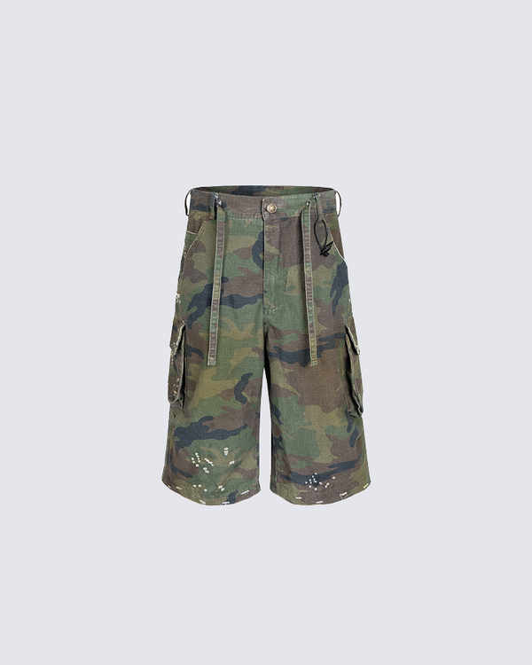 Camouflage Cargo Shorts with Drawstring Waist - Green