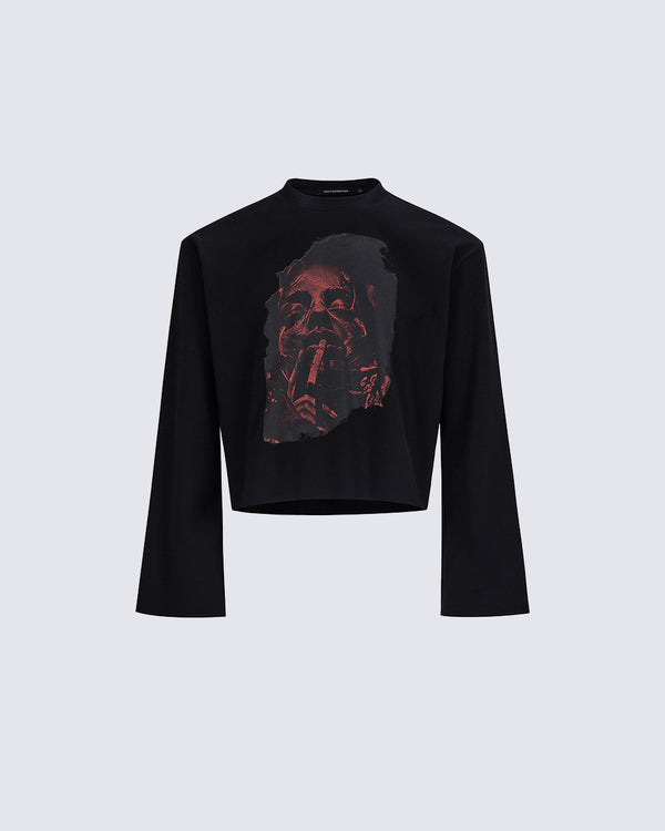 Portrait Print Long Sleeve Loose Short Top