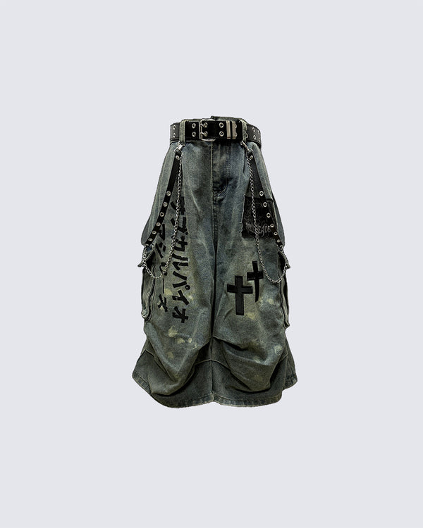 Gothic Washed Denim Shorts with Chains & Cross Print