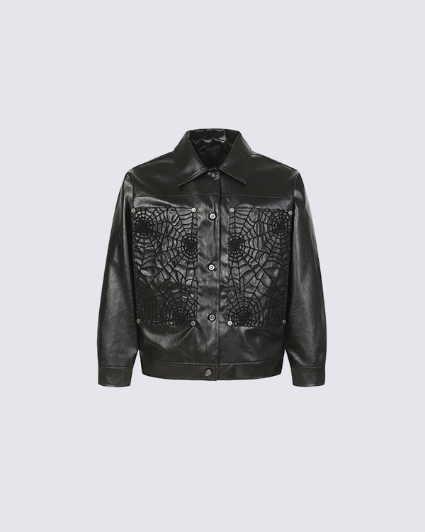Faux Leather Jacket with Spiderweb Panels