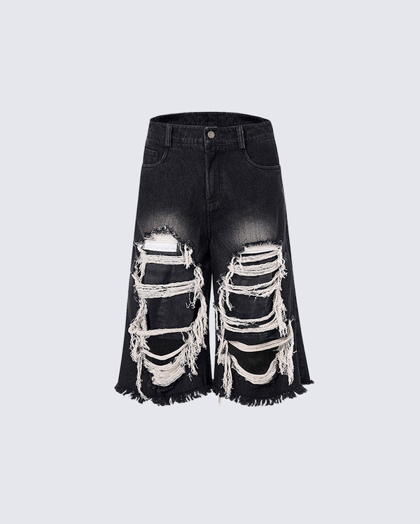 Extreme Distressed Black Denim Shorts