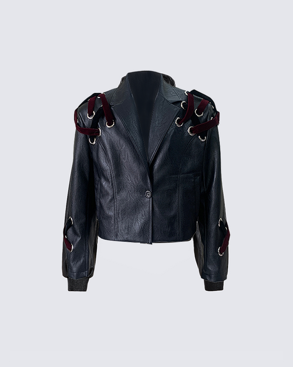 Velvet Strap Eyelet Faux Leather Cropped Jacket