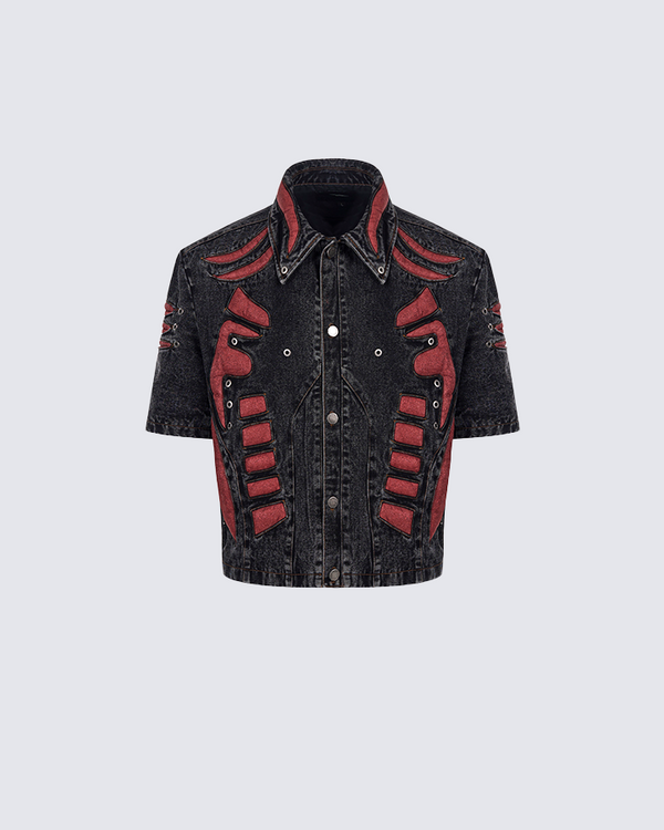 Cyber Armor Patchwork Denim Jacket – Short Sleeve Futuristic Style