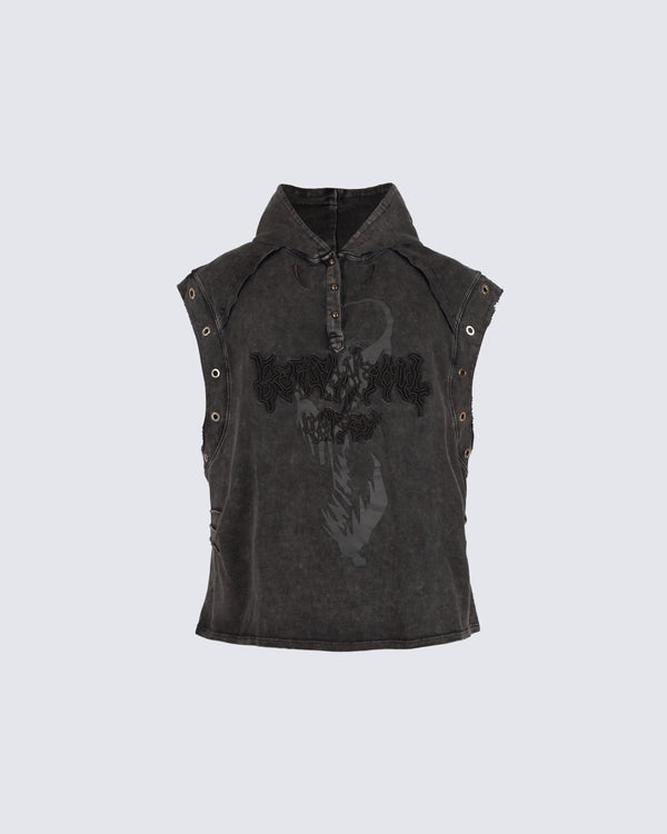 Gothic Distressed Sleeveless Hoodie Vest