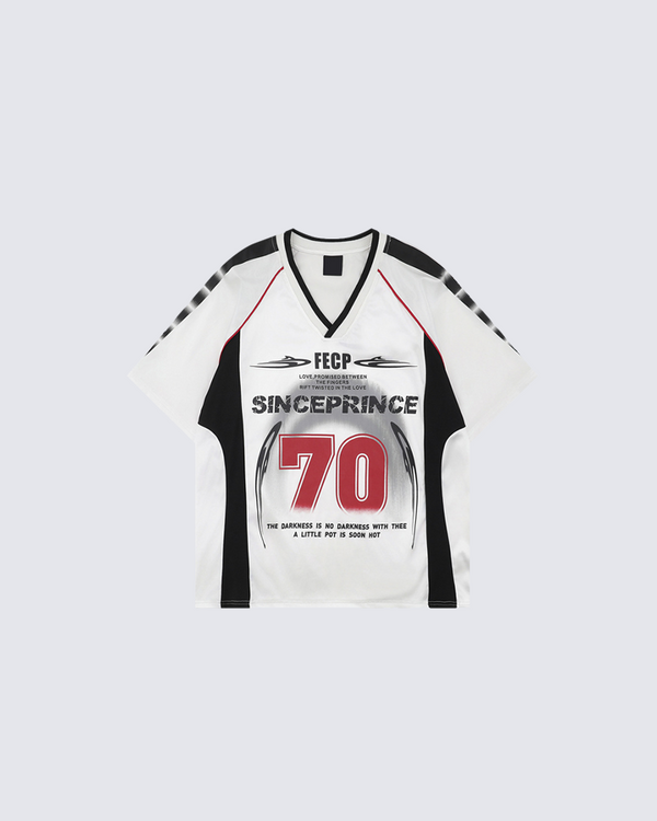 "70" Graphic Sports Jersey T-shirt - White & Black