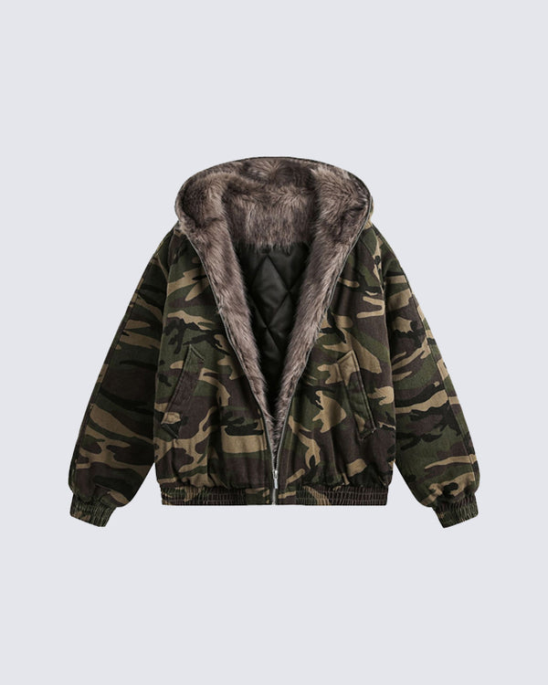 Camouflage Faux Fur Lined Hooded Jacket