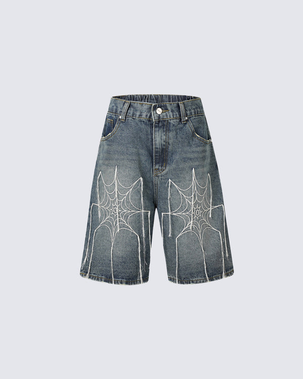 Unique Denim Shorts with Spiderweb Design