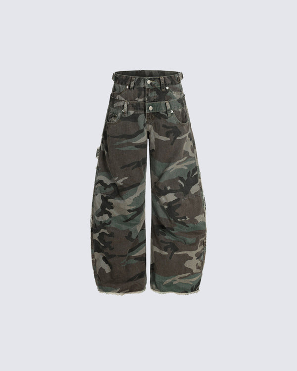 Double Waistband Patchwork Camouflage Cargo Pants