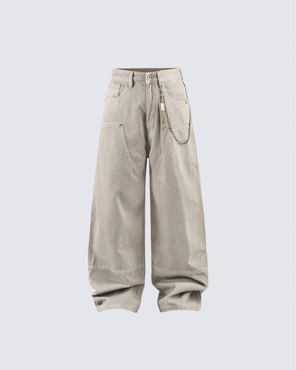 Khaki Wide-Leg Utility Pants