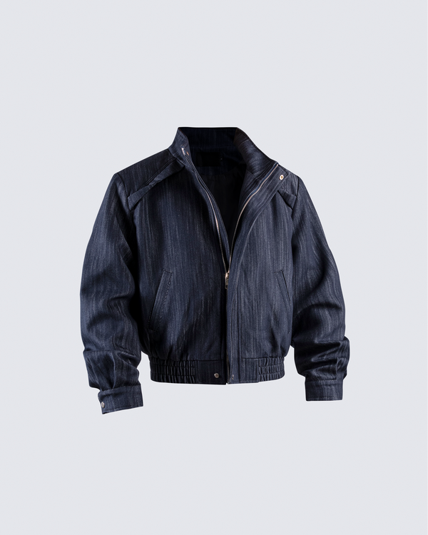 Denim Stand Collar Zip-Up Jacket