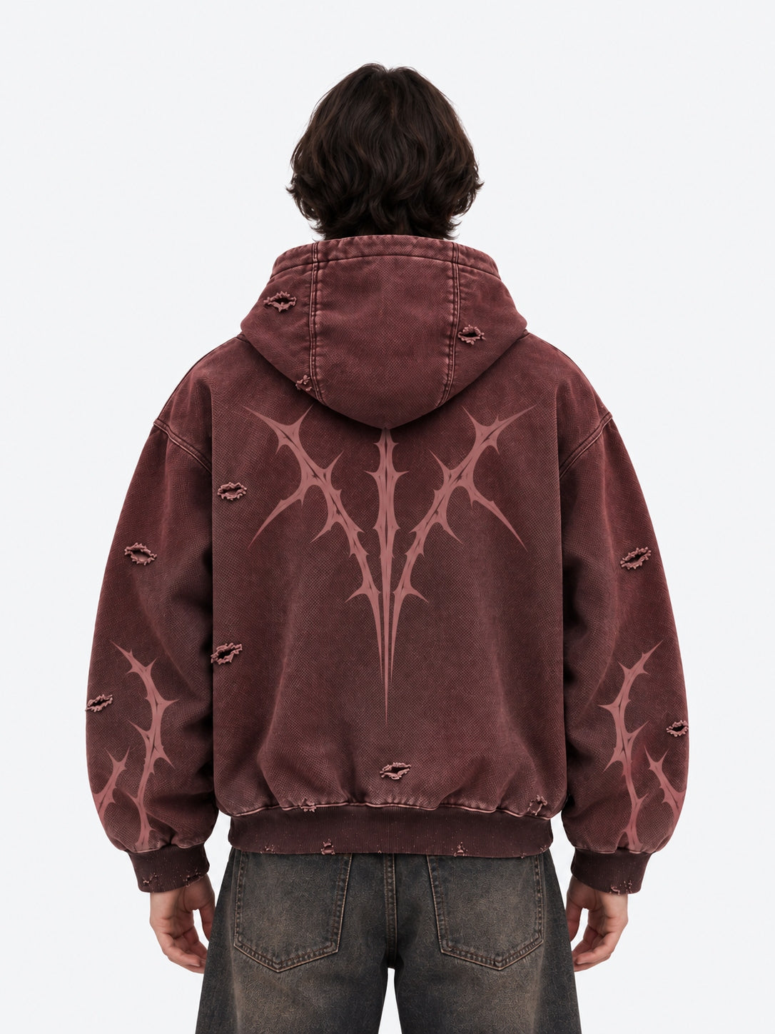 KIIKIO Faded Burgundy Distressed Zip-Up Hoodie