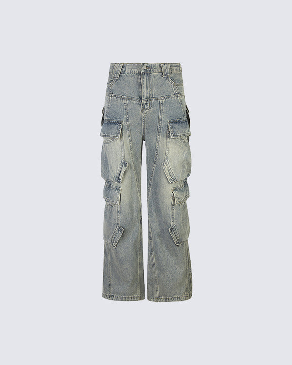 Vintage Washed Multi-Pocket Cargo Jeans