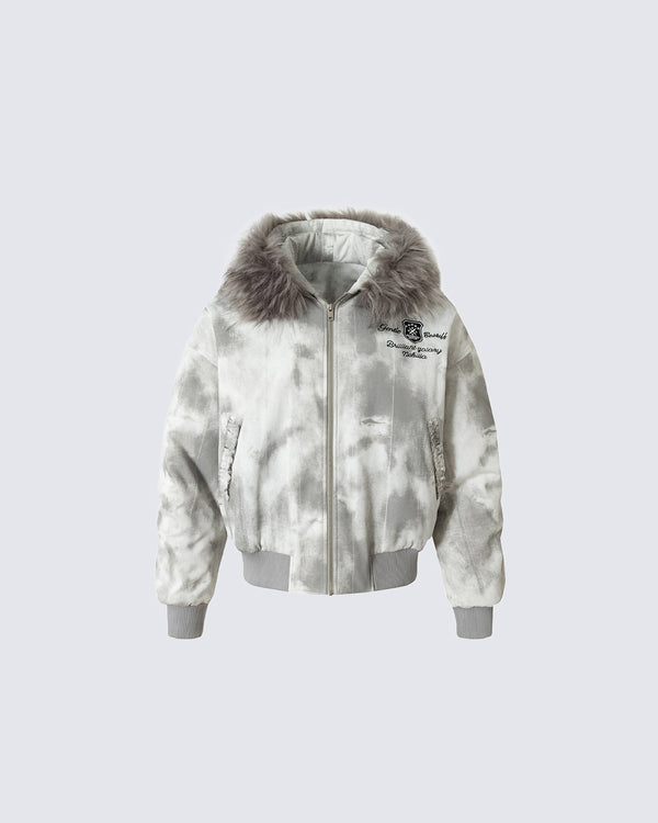 Tie-Dye Faux Fur Collar Cotton Jacket