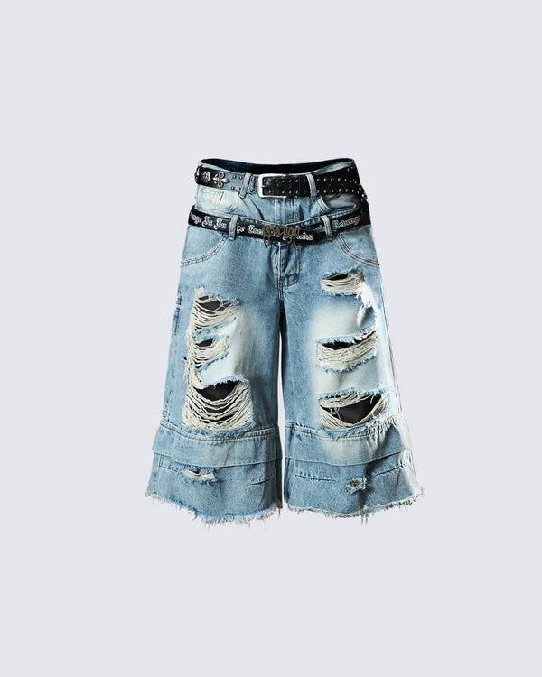 Double-Waist Distressed Cropped Denim Pants