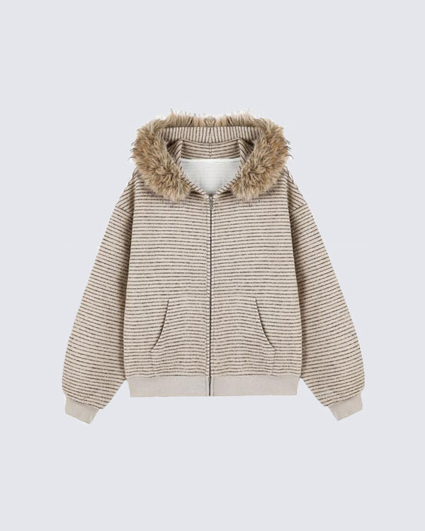 Striped Hoodie Jacket with Fur Trim