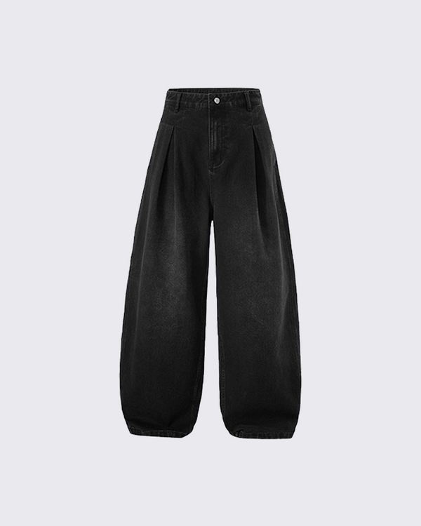 High-Waisted Pleated Denim Pants - Loose Fit Streetwear Trousers