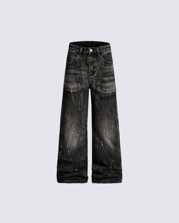 Washed Paint-Splatter Wide-Leg Jeans