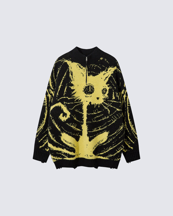 Creative Cat Jacquard Half-Zip Sweater